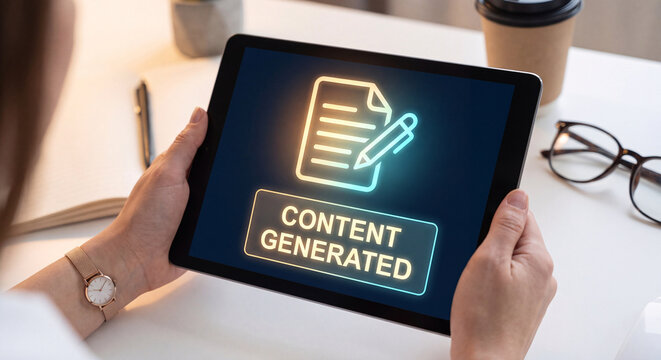 hands hold tablet displaying glowing document icon pen icon and content generated panel