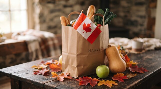 Paper bag with fresh grocery and bread decorated with Canadian flag on wooden table with autumn maple leaf and pumpkin. Canada Thanksgiving harvest festival and local food market concept