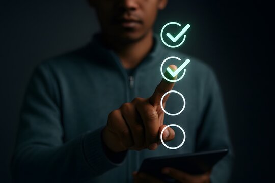 Man touching a glowing checkmark on a virtual checklist interface while holding a digital tablet