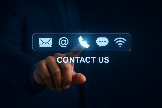 Person pointing finger at glowing contact us interface icons for customer support concept