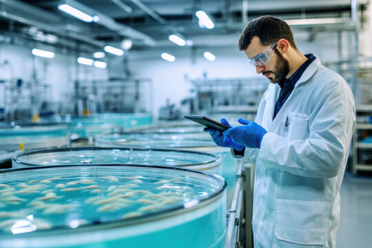 A modern fish farming facility with cylindrical incubation tanks efficiently cultivates young fish in oxygenated water. This aquaculture system highlights innovation in sustainable seafood farming.