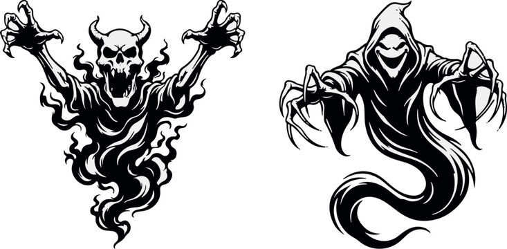 Set of two black and white illustrations featuring a scary horned demon and a hooded phantom spirit isolated on a plain white background for design
