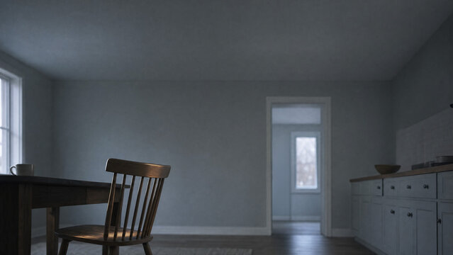 Moody empty kitchen and dining room with wooden chair, dark cabinetry and soft natural window light, creating a cinematic atmosphere of loneliness, isolation, suspense, mystery and quiet domestic life
