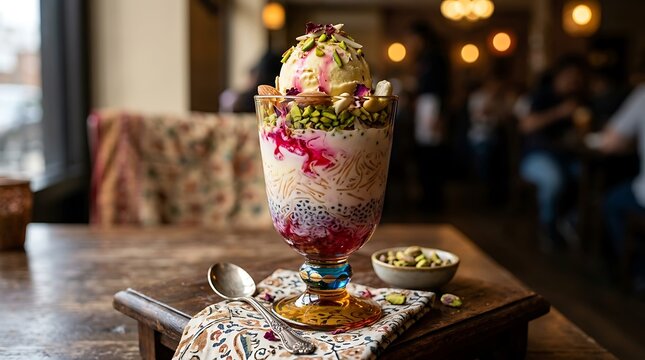 Traditional Indian falooda dessert, featuring layers of ice cream, nuts, and vibrant syrups, sits.