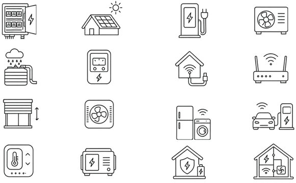 Smart home energy management icon set featuring solar power, electric vehicle charging and connected appliances vector design