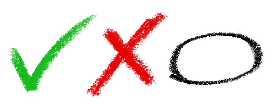 Hand drawn green check mark red x mark and black circle shape set Background