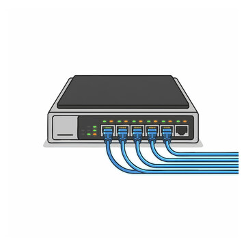 Network Switch with Connected Blue Ethernet Cables Vector Illustration
