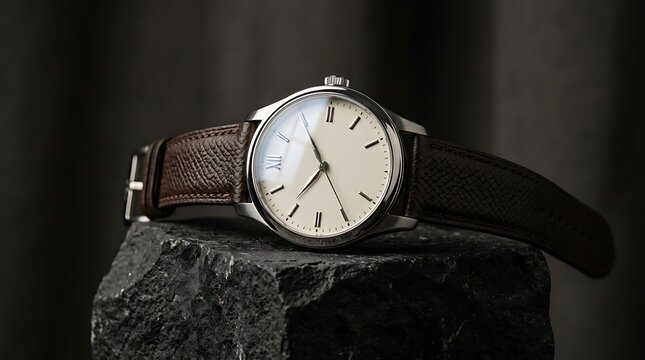 Luxury classic wristwatch with brown leather strap on a dark stone background