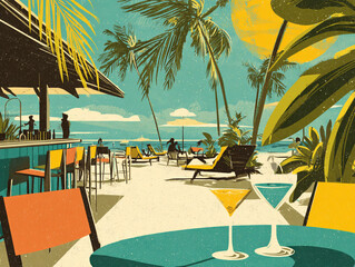 Naklejka premium Retro poster of a sunny beach bar with vibrant cocktails, palm trees, white sand, and turquoise ocean water under warm sunlight. 