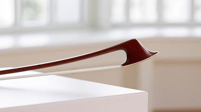 Violin bow head with polished wooden frog and horsehair strings showcasing musical instrument detail and classic elegance indoors, copy space