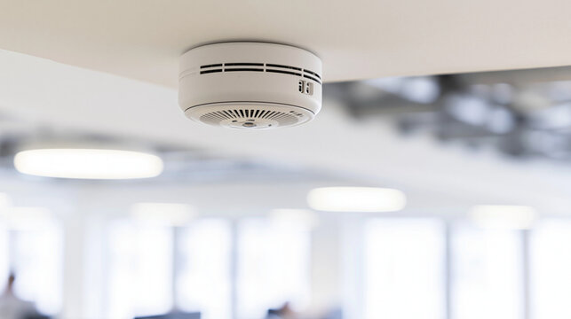 White smoke detector on a ceiling providing fire safety and protection in a modern office building, ensuring security and early warning for occupants, copy space