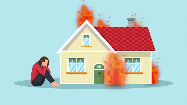 Unexpected moment of a house fire. Unexpected moment concept. Full length Icon animation illustration. High quality&nbsp;4k&nbsp;footage