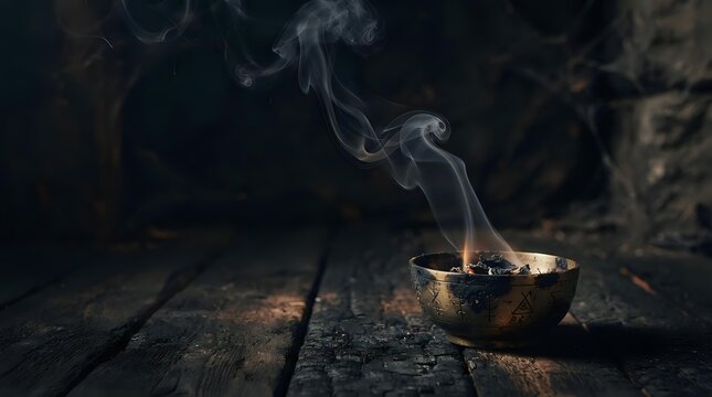 Incense smoke rising from brass bowl on wooden surface, creating