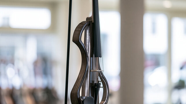 Electric violin with a modern design displaying its unique body and strings, reflecting musical innovation and contemporary instrument craftsmanship in a music shop setting, copy space