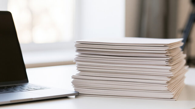 Stack of papers representing overwhelming office workload and business bureaucracy next to a modern laptop on a white desk, showing documentation and file management, copy space