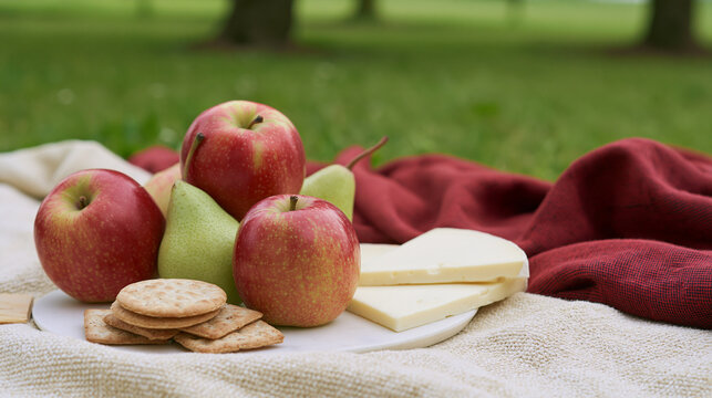 Picnic spread with fresh red apples, green pears, crispy crackers, and sliced cheese on a blanket in park setting, symbolizing outdoor dining, relaxation, and healthy eating during summer, copy space