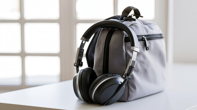 Black over ear headphones resting on a grey travel duffel bag, representing music, audio, entertainment, and modern technology for journeys and daily commute, copy space