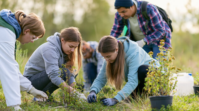 Young people volunteering outdoors, planting trees and bushes in a reforestation effort, contributing to environmental protection and ecological sustainability