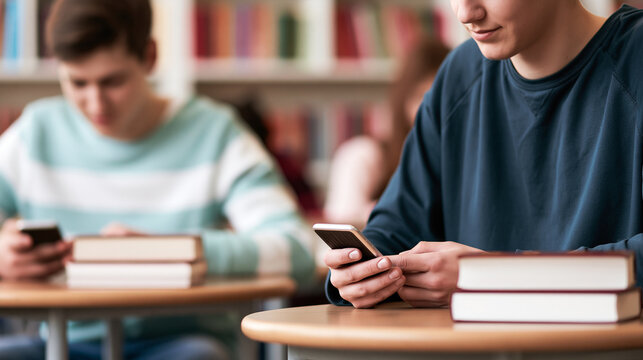 Students in a library or classroom setting, distracted by smartphones, holding mobile devices instead of engaging with the books on their desks