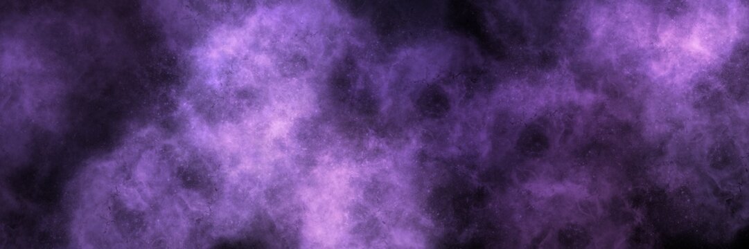 Deep violet and purple smoky clouds on a black background. Wide panoramic banner for mystical, gothic, and cosmic night themes.
