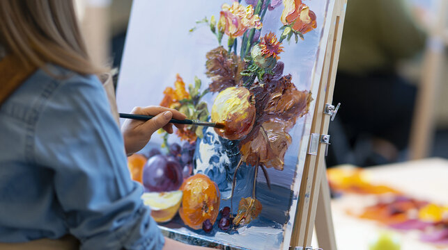 Young artist hand painting vibrant still life artwork of fruits and flowers with oil paints on a canvas at an art class, developing creative skills