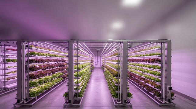 Indoor vertical farm with rows of leafy greens growing under artificial purple LED lighting in a controlled environment.