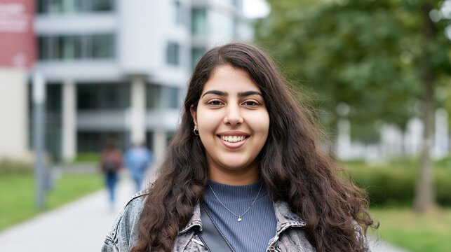 Young female student smiling, confidently looking at camera, standing outdoors on campus with modern university buildings and green trees in background, representing education and happiness