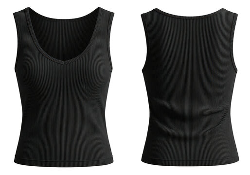 Front and back view of a black sleeveless tank top shirt isolated on transparent background