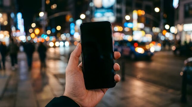 Person holding a black smartphone with blank screen against city night lights