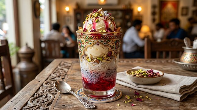 Vibrant Indian falooda, a refreshing layered dessert drink topped with ice cream and pistachios, sits on.