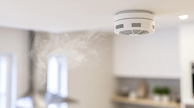 Smoke detector device mounted on a ceiling sensing smoke in a modern kitchen, highlighting home safety, fire alarm system, and emergency prevention, copy space