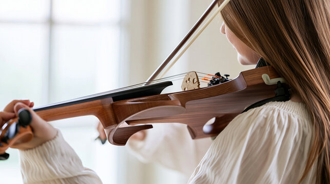 Young woman practicing electric violin, hands holding instrument and bow, creating music and engaging in a creative hobby, developing musical talent and skill, copy space