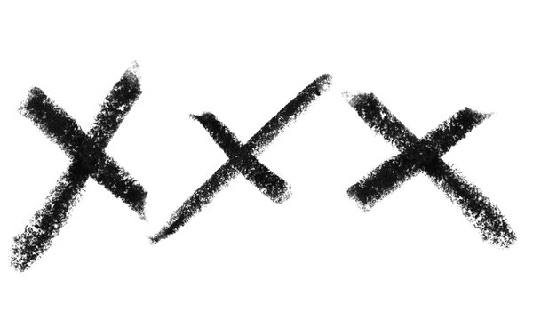Three black hand drawn cross marks or x signs made with a rough charcoal pencil texture Background