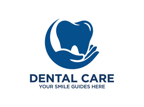 Blue tooth logo with hand and crescent moon shape for dental care services.