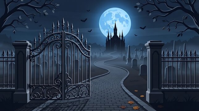 Spooky graveyard entrance with an open iron gate leading to a dark castle under a glowing full moon