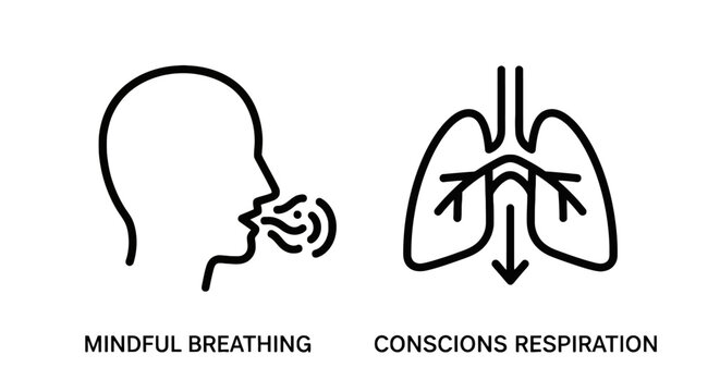 Mindful breathing and conscious respiration outline vector icons with breathing icon lungs vector human profile meditation breath wellness sign