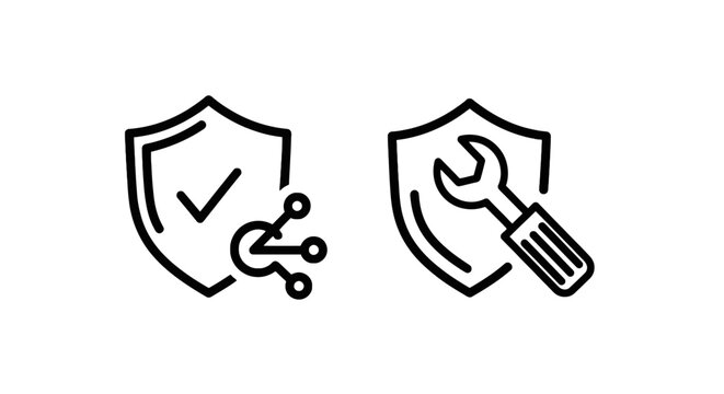 Shield check network share and shield wrench maintenance outline vector icons with system maintenance security check connection icon protection sig