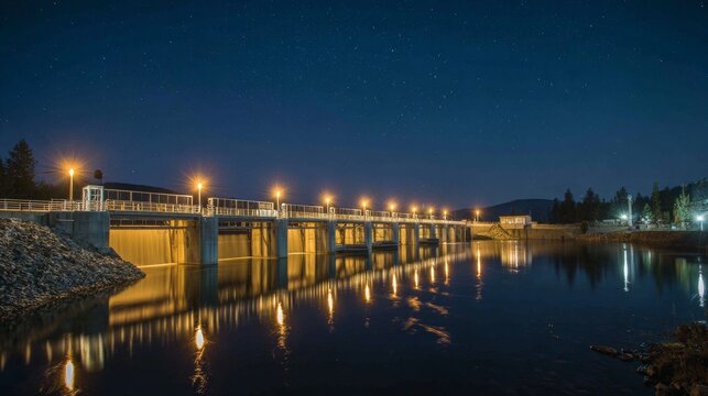 Long-exposure captures a dam at night. Streetlights illuminate the structure and water reflects the lights and starry sky