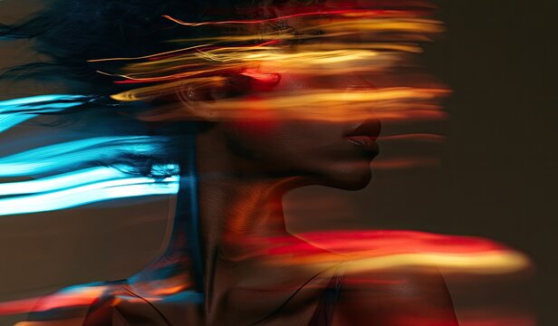 Blurred motion of a person's profile with streaks of colorful light