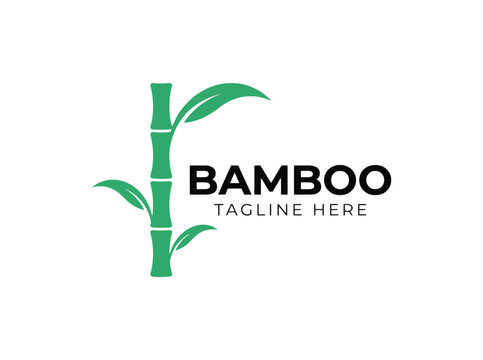 Green bamboo stalk with leaves and text for logo design.