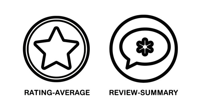 Minimalist outline icons showing rating average star and customer review summary speech bubble with black and white user experience feedback