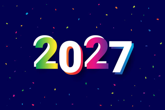 Colorful 2027 Lettering Text with Confetti falling on Dark Blue Background. Vector Illustration 