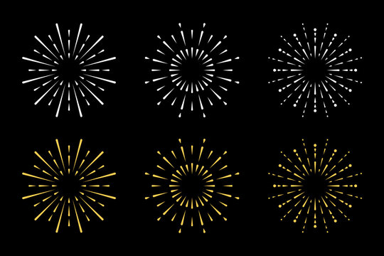 White and Gold Fireworks Icon Set on Black Background for Luxury New Year and Celebration Concept. Vector Illustration