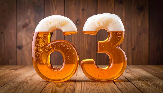 Beer Typography &mdash; Number 63 with Bubbles and Foam on Wooden Background