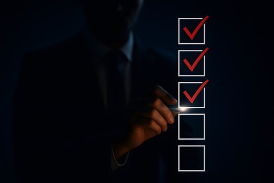 Person's hand marks several red checkmarks in a series of glowing checkboxes, signifying task completion or successful selection on a digital interface.