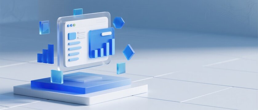 Modern digital analytics interface with floating blue bar charts and business dashboard, idea for financial reporting, data visualization, performance tracking and corporate presentation