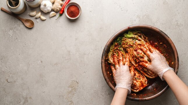 Hands Preparing Traditional Korean Spicy Fermented Cabbage Kimchi with Ingredients