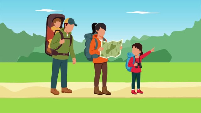 Family exploring scenic landscapes together outdoors. Family adventures concept. Full length Icon animation illustration. High quality&nbsp;4k&nbsp;footage