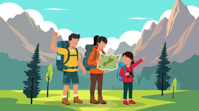 Family exploring mountains together outdoors. Family adventures concept. Full length Icon animation illustration. High quality&nbsp;4k&nbsp;footage
