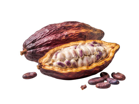 Fresh raw cocoa pods with open beans